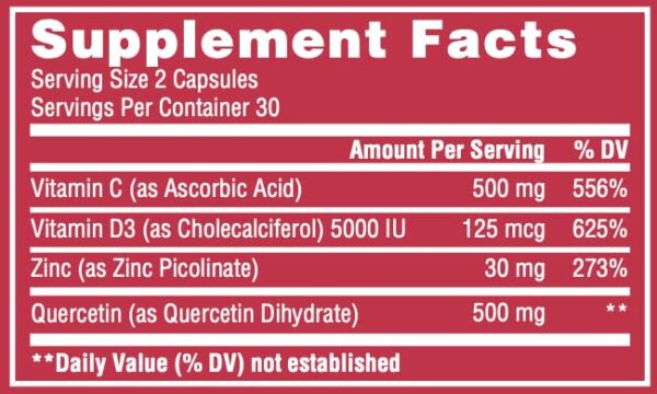 IMMUNO BLASTER - (2 Pacotes) ImmunoBlaster Zinc Quercetina 500mg com Vitamina D e C – Suporte Imunológico Antioxidante de Alta Potência para Homens e Mulheres – Livre de Glúten e Soja - Image 2